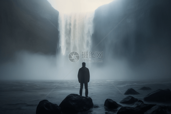 一个人站在巨大的瀑布前图片