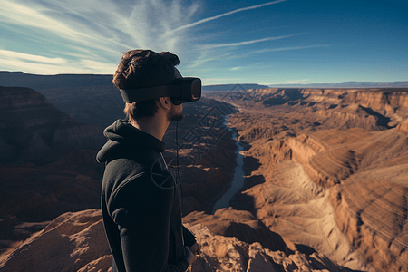 男生在VR旅行计划中探索高清图片