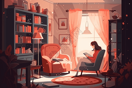 好书坐在图书馆安静的阅读角落里舒适的扶手椅上插画
