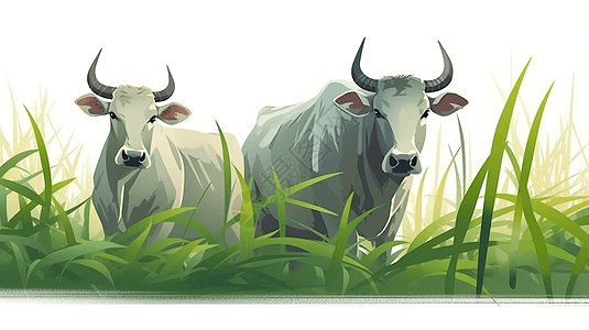 一对母牛在稻田里图片