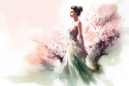 盛开的樱桃树少女水彩画图片