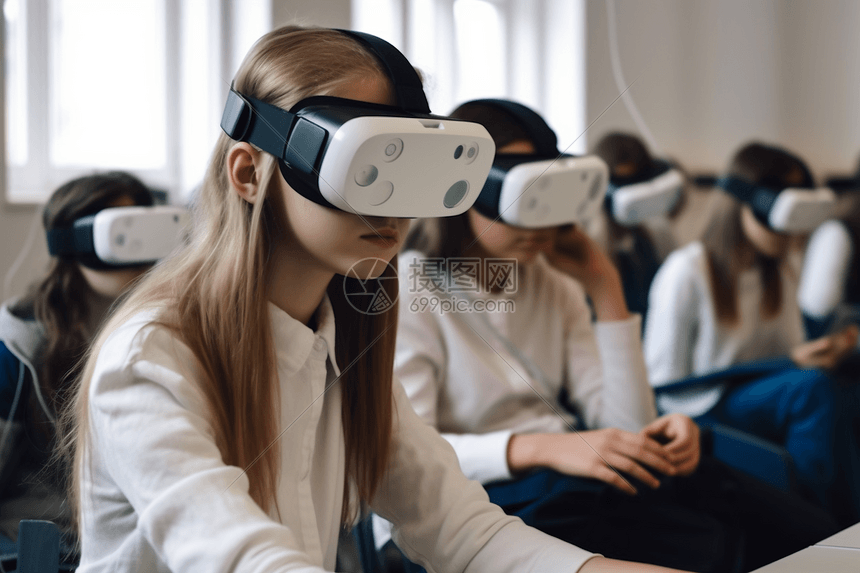 一群学生在使用VR进行学习图片