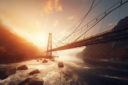 夕阳下的悬索桥图片