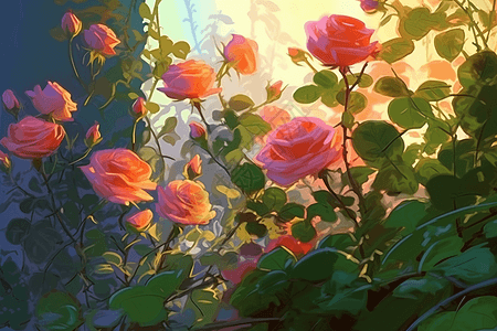 玫瑰花丛绘画图片