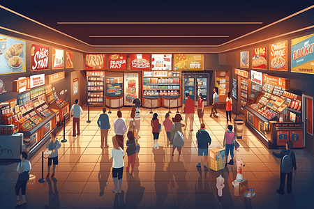 商场大厅电影院大厅挤满了在演出前购买小吃和聊天的人插画