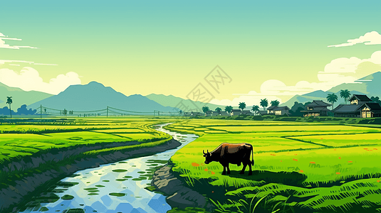 水牛在稻田边背景图片