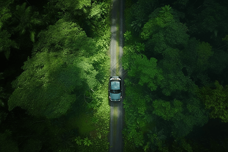 汽车在树林公路中驶过图片