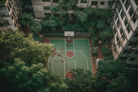 被绿树环绕的篮球场背景图片