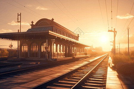 落日下火车站的唯美画面图片