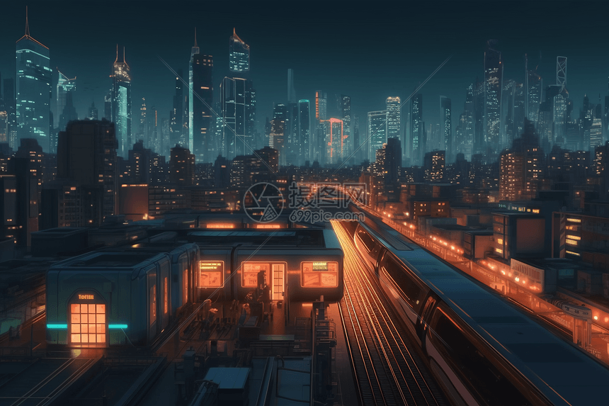 夜晚摩天大楼中的火车站图片
