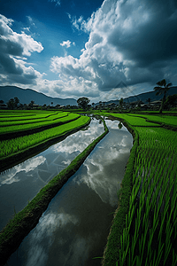 稻田风景如画的夏季景观图片
