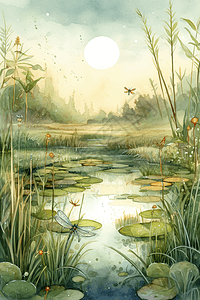 宁静的池塘大暑稻田背景高清图片