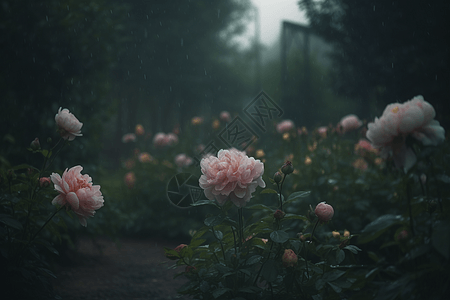 雨中牡丹园的浪漫场景图片