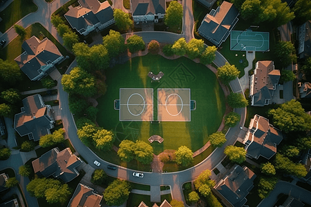 室外篮球室外圆形篮球场的空中实景背景