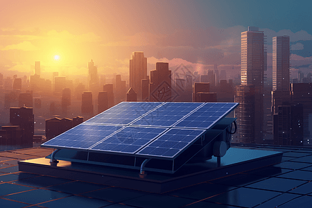 夕阳下，屋顶上的有一块小太阳能电池板图片