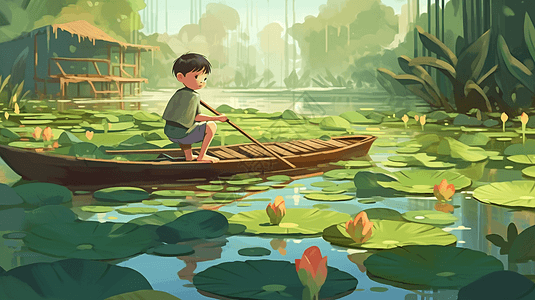 小男孩在荷花池塘里划船图片