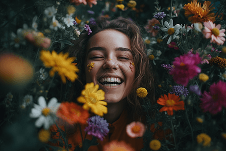 一位年轻女子在花丛中大笑图片