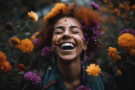 花瓣落在正在大笑的女孩脸上图片