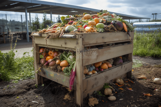 装满废弃蔬菜和水果的木箱图片