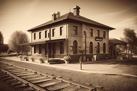 复古棕褐色风格的老式火车站图片