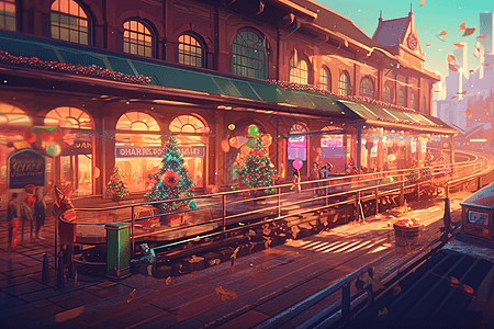 用圣诞树装扮的火车站背景图片