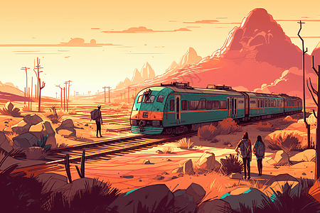 三个旅行者赶停在沙漠中的火车图片