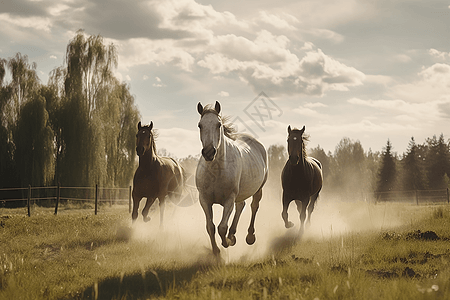 躺在草原上开阔的草原上三匹马在奔跑背景