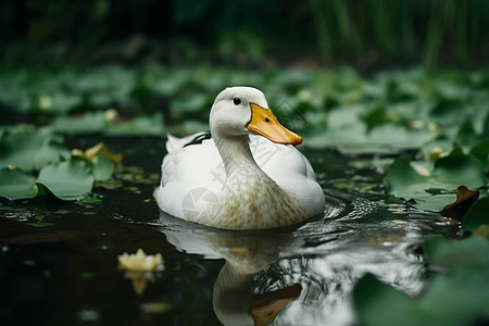 荷花边浮在水上的白鸭高清图片