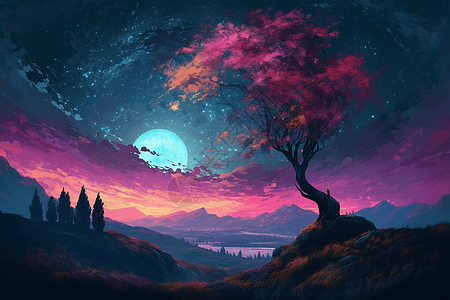 朦胧月色下的一颗紫色的树背景图片