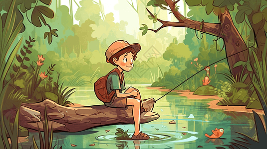 一个小男孩坐在一根木头上钓鱼图片