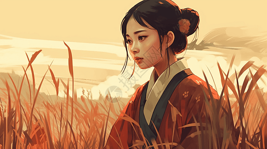 穿汉服的年轻女孩在稻田里图片