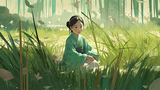 穿着汉服的小女孩在稻田中图片