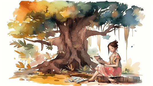 一个年轻女孩在榕树下画画图片