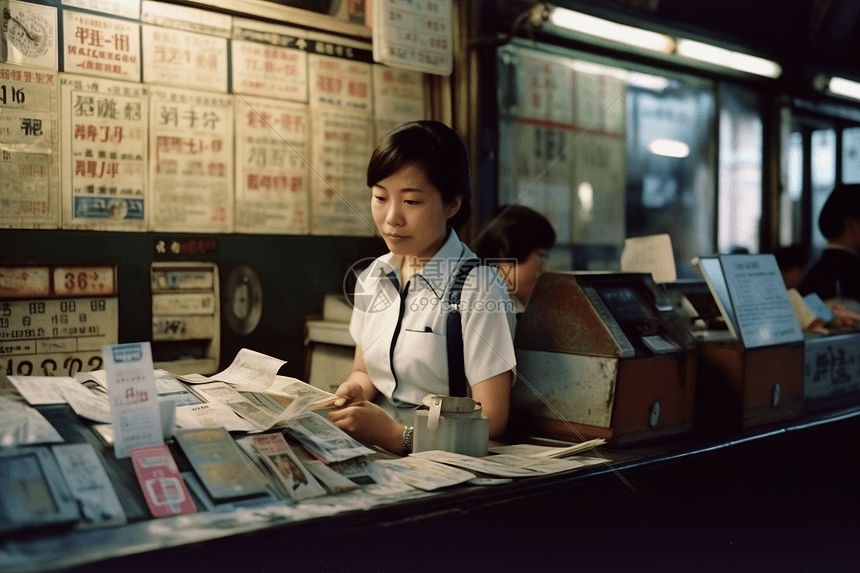 售票柜台里的售票员工作场景图片