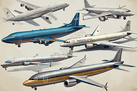 一系列描绘不同类型飞机的插图图片