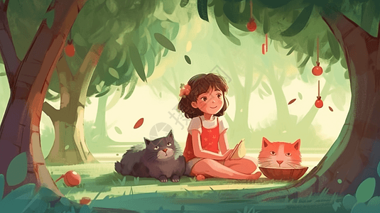 一个小女孩和她的小猫在柳树下休息高清图片