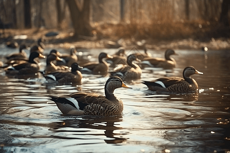 黄昏湖中池塘中的鸭子图片