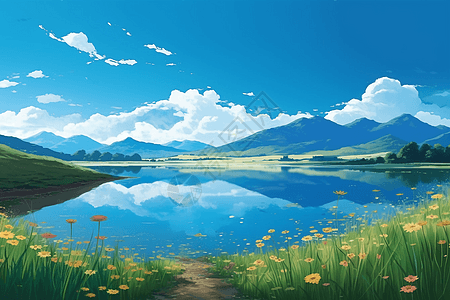 蓝天白云湖蓝天白云倒映在平静的湖面上插画