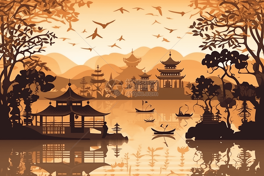 杭州西湖剪纸图片
