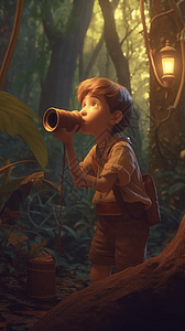 男孩在茂密的森林背景图片