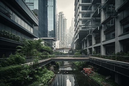 城市建筑下的绿植图片