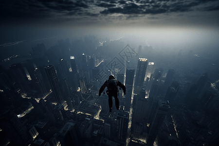 夜晚城市跳伞的人背景图片
