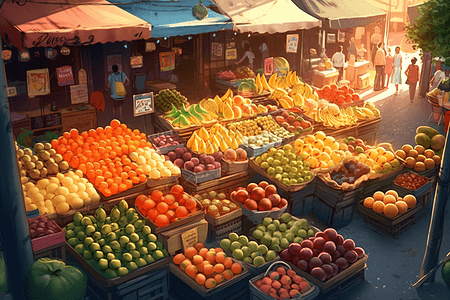 新鲜水果蔬菜摊位上的新鲜水果插画