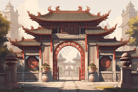 寺庙的中国门背景图片
