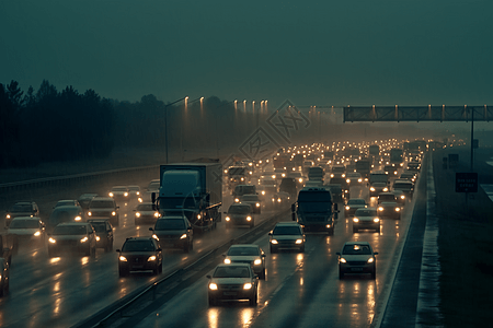 雨雾天交通繁忙的高速公路背景