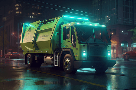 城市里的绿色垃圾车图片