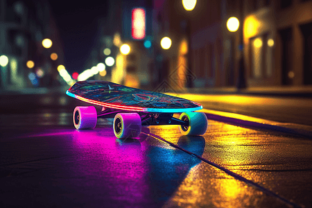 城市霓虹灯下的滑板车图片