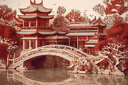 中国建筑剪纸插画图片
