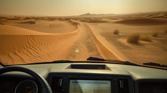 沙漠中使用GPS导航的汽车图片