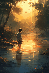 夕阳下池塘边的男孩图片